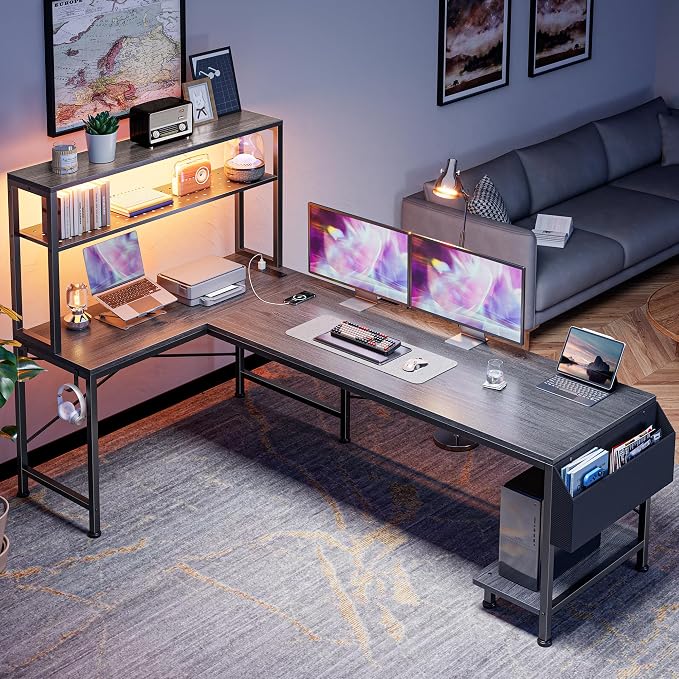 PRAISUN L Shaped Gaming Desk with LED Lights & Power Outlets, Reversible Computer Desk with Storage Shelves & Bag, Large Corner Home Office Desk with Pegboard for Work from Home, Grey - Image 7