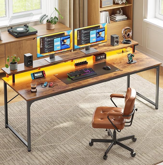 PRAISUN 63 inch Gaming Desk, LED & Outlets, Monitor Stand, Rustic Brown | Sturdy PC Desk for Home Office, Study & Work, LED Lights, 4 AC Outlets & USB-C Charging Station - Image 2