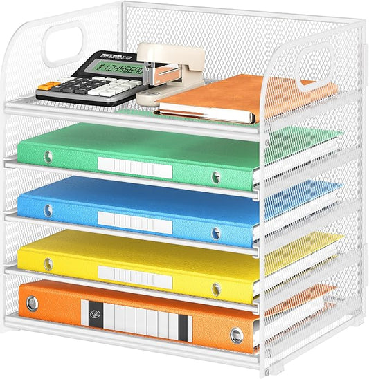 Lavatino 5 Tray Paper Organizer Letter Tray with Handle - Mesh Desk File Organizer, Paper Sorter Organizer for Office, Home or School File Folder Holder - White by Lavatino