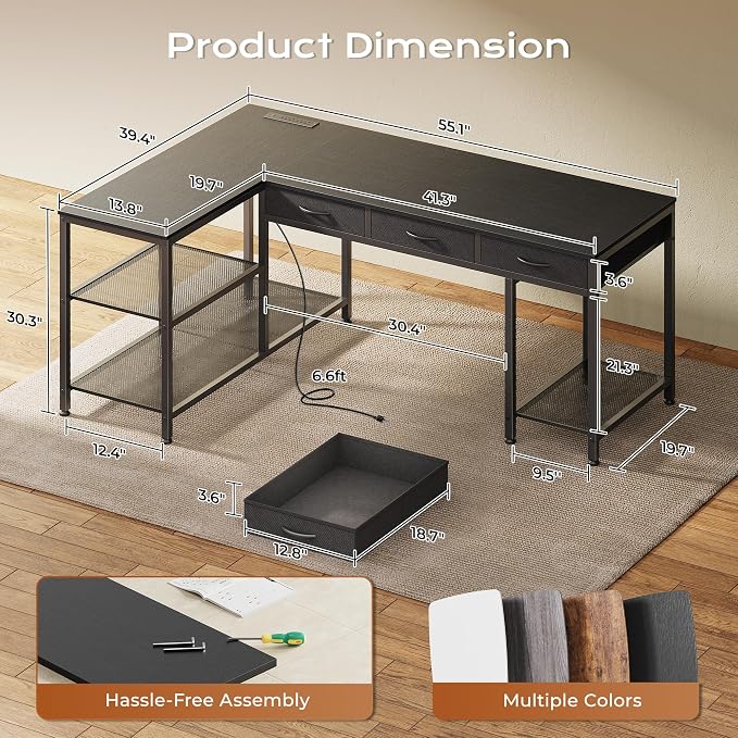 PRAISUN 55 Inch L Shaped Office Desk with Power Outlets and Type-C Port, Large Computer Gaming Desk with 3 Fabric Drawers, Mesh Shelves, Corner Study Work Writing Desk, Black - Image 3