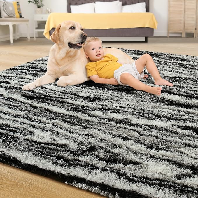 Tepook Soft Fluffy Rugs for Living Room, 5x8 Shaggy Area Rug for Bedroom, Modern Shag Rug Fuzzy Carpets for Kids, Plush Indoor Nursery Home Decor Rug with Non-Slip Bottom, Black White - Image 4