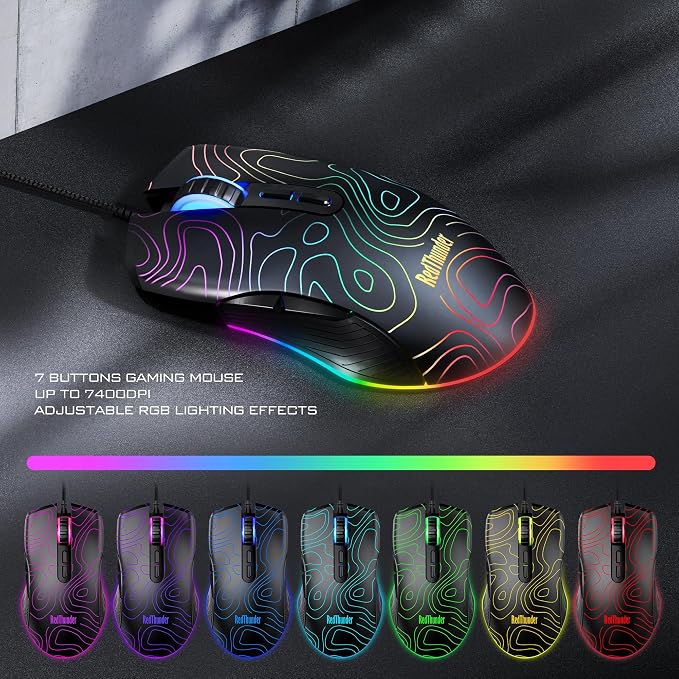 RedThunder K10 Wired Gaming Keyboard & Mouse Combo with Wrist Rest, Adjustable RGB Mechanical Feel Anti-ghosting Keyboard + 7D 7200 DPI Mouse+Soft Leather Wrist Rest for PC Gamers (Black Lines) - Image 6