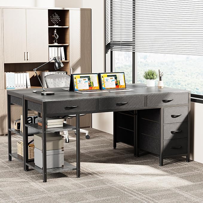 Huuger Computer Desk with 6 Drawers, Office Desk with Shelves, Reversible Gaming Desk, Corner Desk with Storage, Work for Home Office, Study, Living Room, 54inch, Grey - Image 2
