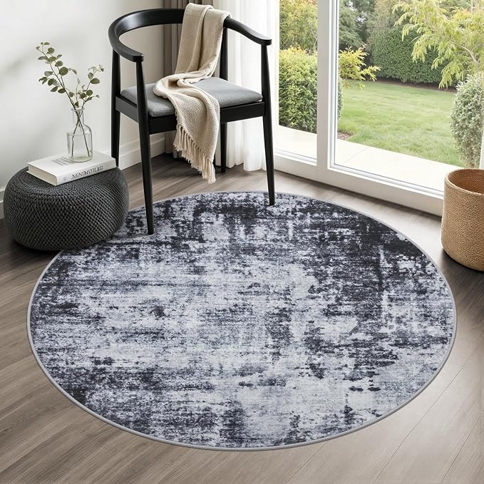 Round Area Rug for Living Room: 4 ft Washable Modern Abstract Soft Thin Rug Indoor Floor No Slip Stain Resistant Carpet for Bedroom Dining Room Farmhouse Nursery Home Office - Dark Black by FXRHLP
