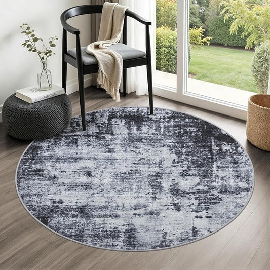 Round Area Rug for Living Room: 5 ft Washable Modern Abstract Soft Thin Rug Indoor Floor No Slip Stain Resistant Carpet for Bedroom Dining Room Farmhouse Nursery Home Office - Dark Black by FXRHLP