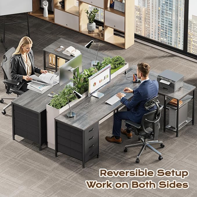 Huuger 63 Inch L Shaped Desk with Fabric Drawers, Reversible Computer Gaming Desk with Power Outlets and USB-C Port, Adjustable Side Storage Shelves, for Work Study Corner Home Office, Grey - Image 2