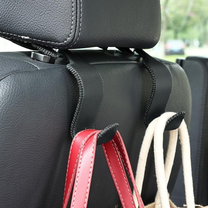 Amooca Car Seat Headrest Hook 4 Pack Metal Core Hanger Universal Car Storage Organizer for Handbag Purse Coat S Type Leather Black - Image 2
