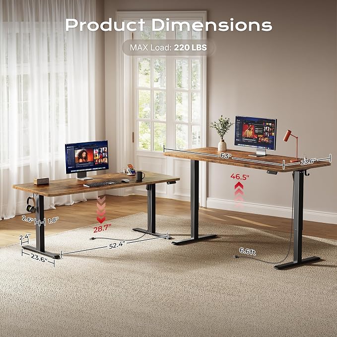 Huuger 63 X 24 Inch Electric Standing Desk with Power Outlets and USB-C Port, Height Adjustable Desk, Sit Stand Desk for Home Office, Computer & Gaming Desk with 4 Presets, Rustic Brown - Image 5