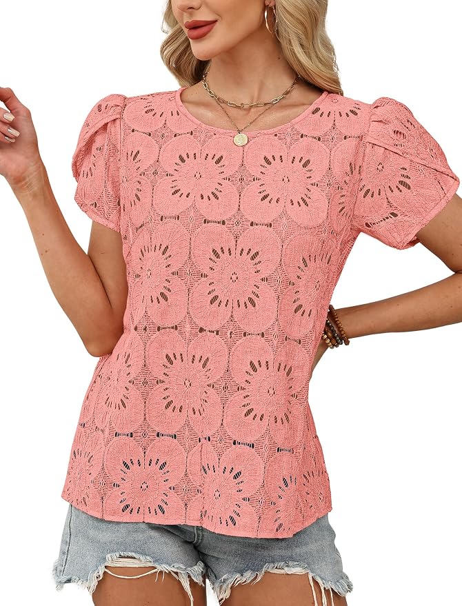 OFEEFAN Blouses for Women Dressy Casual Petal Short Sleeve Shirts Crochet Lace Boho Tops Spring Fashion Summer Outfits - Image 3