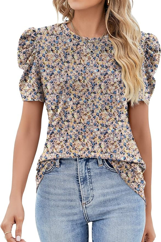Ivicoer Puff Short Sleeve Shirt for Women Eyelet Tops Summer Crewneck Blouse Loose Fit S-XXL by Ivicoer