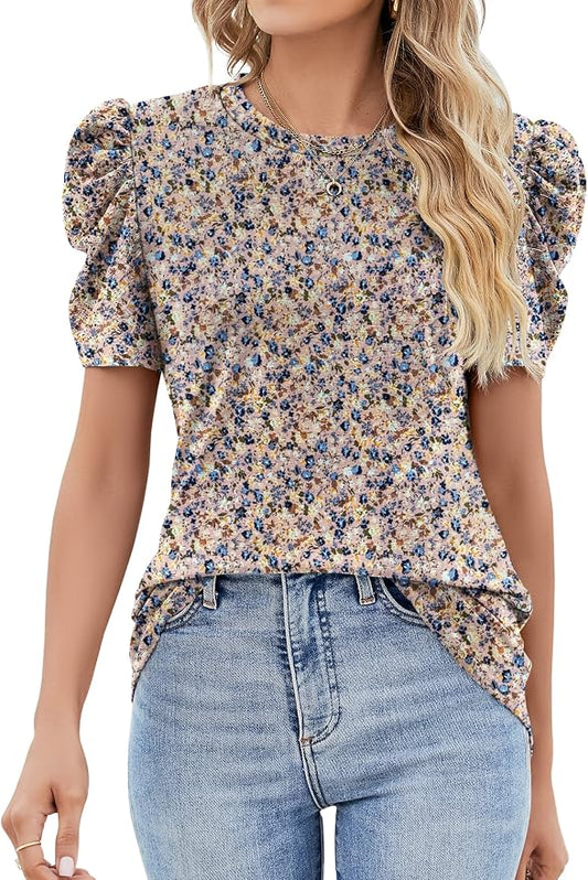 Ivicoer Puff Short Sleeve Shirt for Women Eyelet Tops Summer Crewneck Blouse Loose Fit S-XXL by Ivicoer