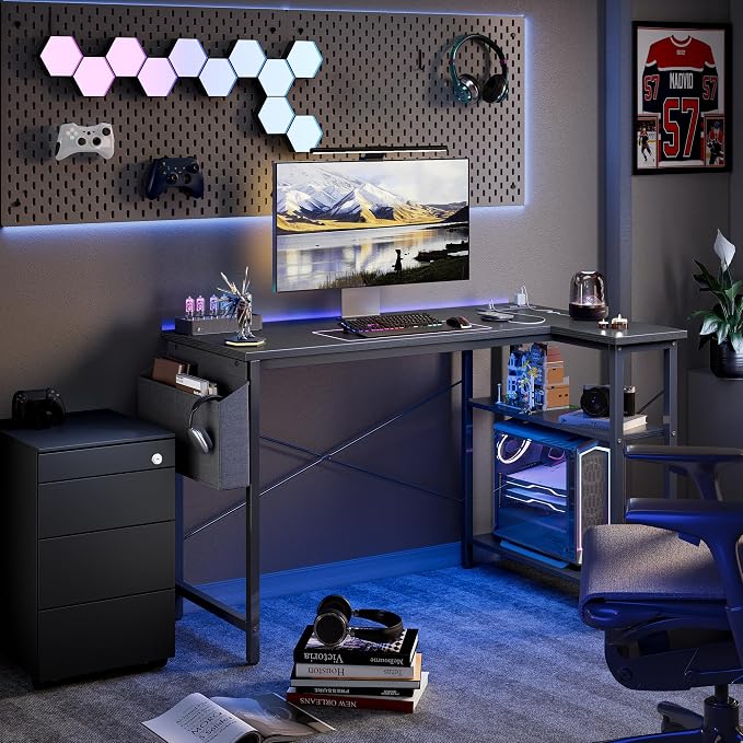 TIQLAB Gaming Desk with Power Outlets - 40 inch L Shaped Computer Desk, Reversible Design Small Corner Desk, Bookshelf Workstation for Work Study Play Home Office, Black - Image 10