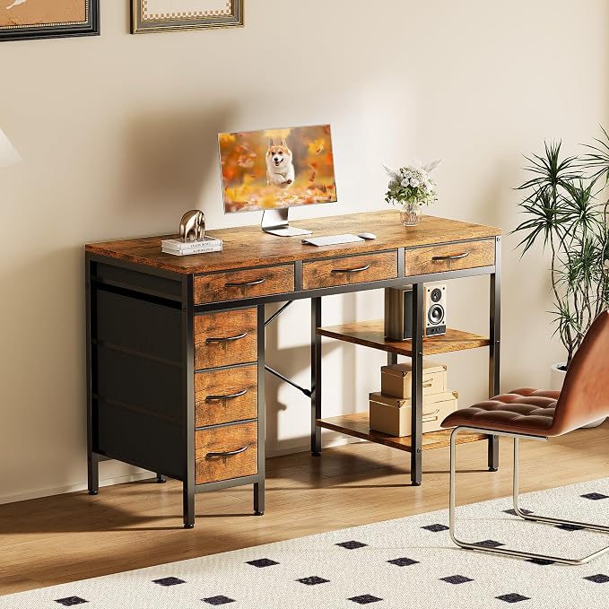 Sweetcrispy 47" Computer Desk with 6 Fabric Drawers & Storage Shelves | Reversible Gaming Desk, Office Desk, Computer Workstation, Corner Desk with Storag, Home Office, Living Room, Rustic Brown - Image 2