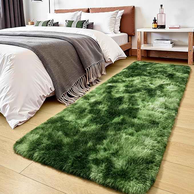Tepook Soft Runner Rugs for Bedroom 2x6 with Rubber Backing, Tie-Dyed Dark Green Fluffy Rugs for Hallway, Shag Bedside Rug Fuzzy Plush Carpet for Living Room Dorm Nursery Indoor Home Decor - Image 2