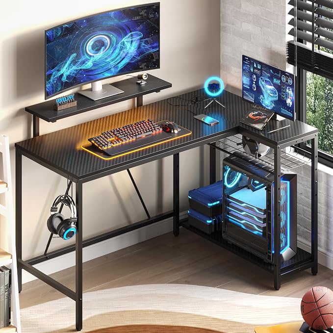 Bestier 52-Inch L-Shaped Gaming Desk with Charging & LED, Black | Charging 3AC+2USB, RGB LED 20 Colors/22 Modes, Reversible Shelves, Carbon Fiber Texture, Headphone Hook, 52 in - Image 9
