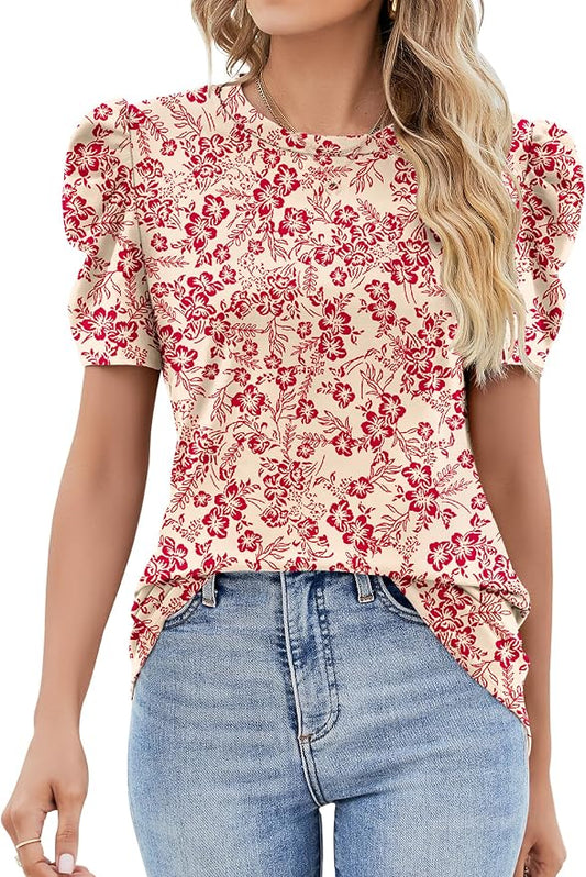 Ivicoer Puff Short Sleeve Shirt for Women Eyelet Tops Summer Crewneck Blouse Loose Fit S-XXL by Ivicoer