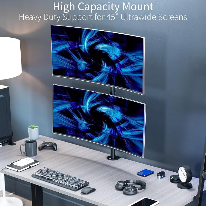 VIVO Dual Vertically Stacked Ultra-Wide Monitor Desk Mount, Extra Tall Heavy Duty Adjustable Stand for 2 Ultrawide Screens up to 45 inches, 25 lbs Per Screen Capacity, Black, STAND-V200R - Image 2