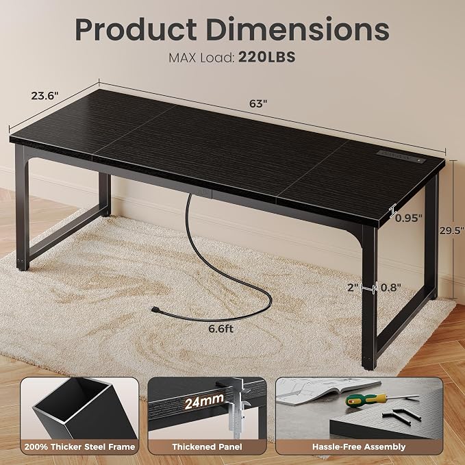 Huuger 63 x 24 inch Desk with Power Outlets & USB-C, Deeper & Thicker Desktop, Robust Metal Tubes, Computer Desk, Heavy Duty Office Desk, Work Gaming Desk, for Home Office, Black - Image 2