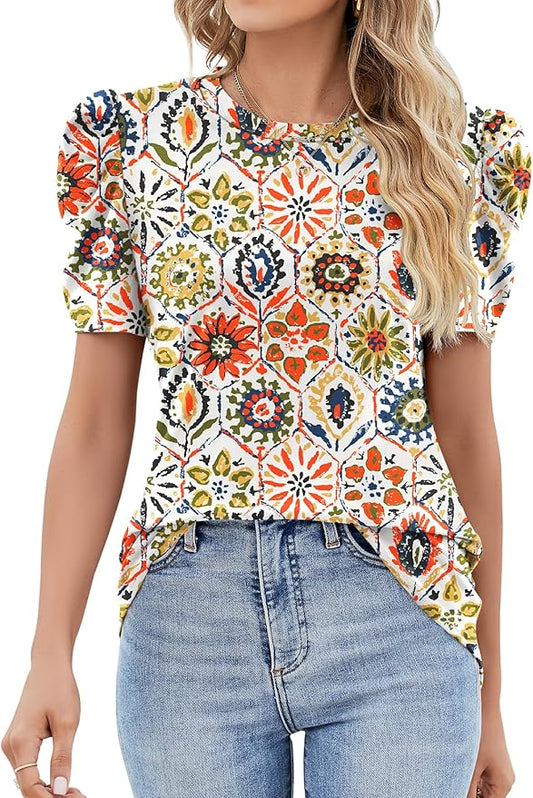 Ivicoer Puff Short Sleeve Shirt for Women Eyelet Tops Summer Crewneck Blouse Loose Fit S-XXL by Ivicoer