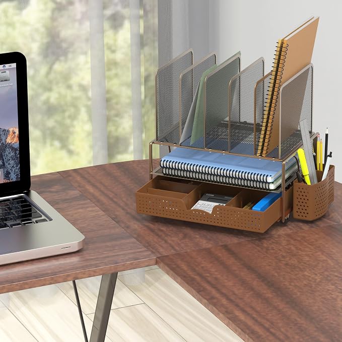 Simple Houseware Desk File Organizer for Office Supplies w/Drawer, Copper | Double Tray, Pencil Holder, and 5 Upright Sections with Sliding Drawer - Image 4