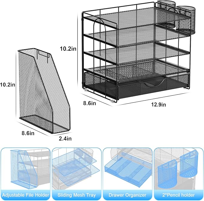 gianotter 5-Tier Desk Organizer with Drawers and File Holders | Letter Trays and Pen Holders - Workspace Accessories for Office Supplies (Black) - Image 5