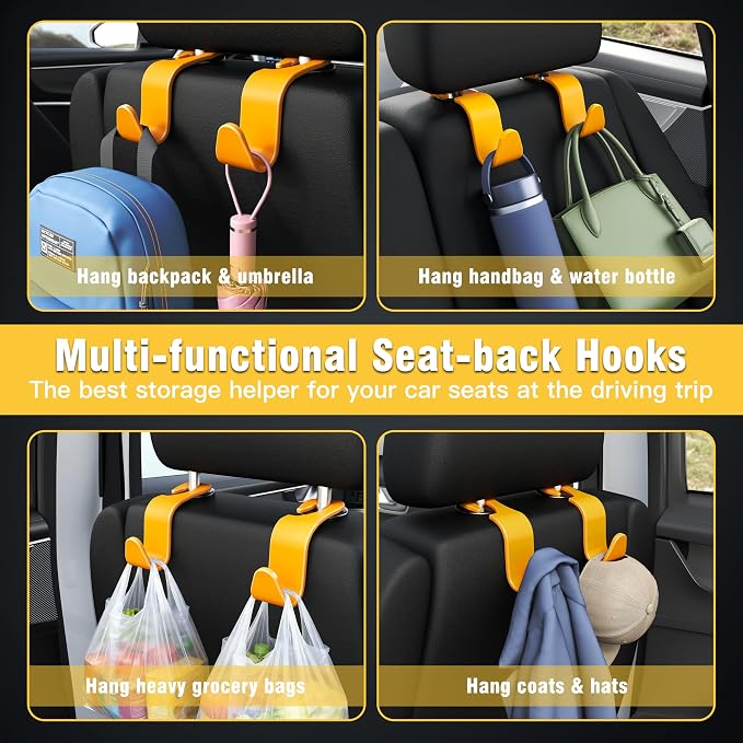 Amooca Car Seat Headrest Hook 4 Pack Hanger Universal Vehicle Car Storage Organizer for Handbag Purse Coat S Type Yellow - Image 4