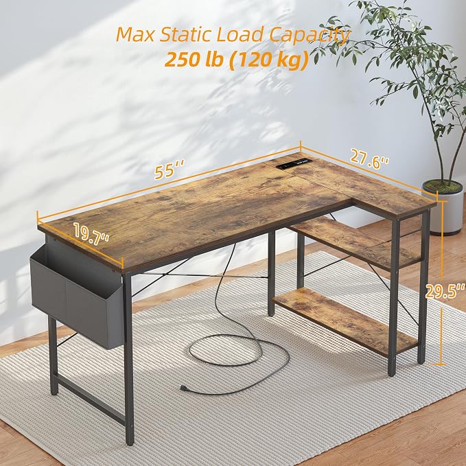 TIQLAB L Shaped Computer Desk with Power Outlets, 55 Inch Small Corner Desk with Reversible Shelves, Gaming Desk Computer Table Study Writing Desk for Home Office Small Space, Rustic Brown - Image 3