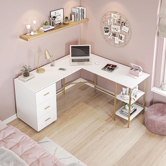 Techni Mobili 59" Two-Tone L‑Shaped Office Desk with Storage Shelves, Gold | 59" two‑tone L‑shaped desk with storage shelves, durable frame, modern corner workstation, spacious home office writing space - Image 8