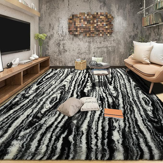 Tepook Fluffy Large Rugs for Living Room, Shag Area Rug 6x9 Soft Carpet for Bedroom, Modern Shaggy Rug for Kids Boys Girls, Plush Indoor Nursery Home Decor Rug with Non-Slip Bottom, Black White by Tepook