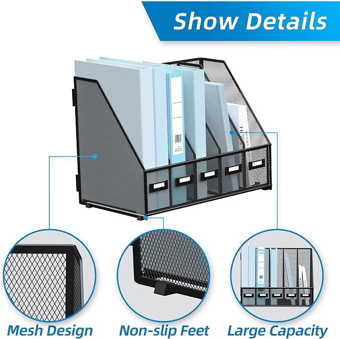 SUPEASY Desk Organizers Metal Desk Magazine File Holder with 5 Vertical Compartments Rack File Organizer for Office Desktop, Classroom, Home Workspace, Black - Image 4