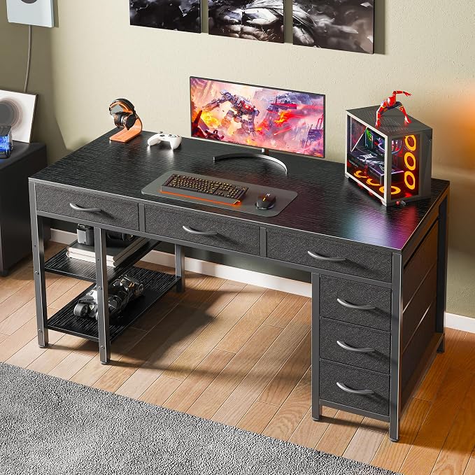 Huuger Computer Desk with 6 Drawers, Office Desk with Shelves, Reversible Gaming Desk, Corner Desk with Storage, Work for Home Office, Study, Living Room, 47inch, Black - Image 8