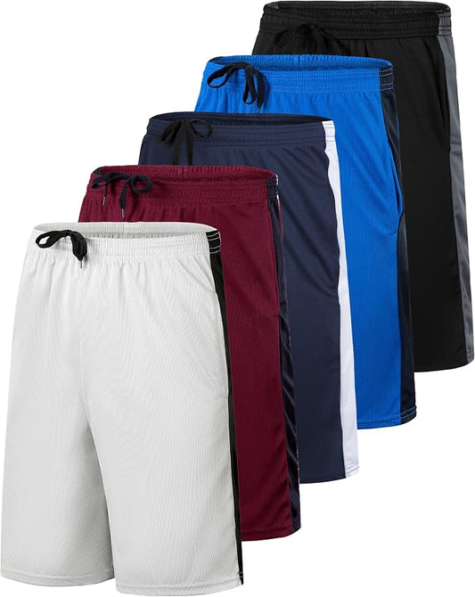 5 Pack Men's Mesh Shorts Athletic Basketball Sports Gym Workout Pockets | Cooling Moisture-Wicking, 9", Long, Quick-Dry, Breathable, Elastic Drawstring Waistband. Running, Exercise, Soccer, Training. by RealEssentials