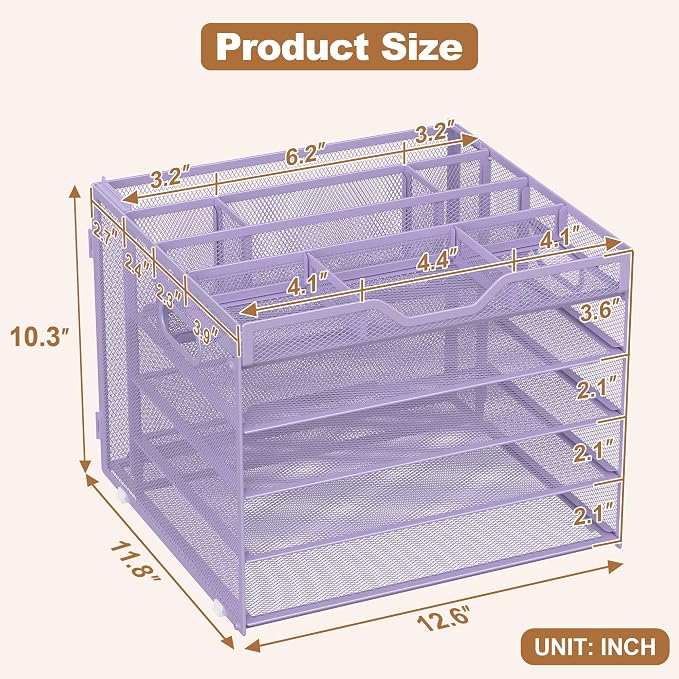 Docnest 5 Tier Desk Organizer with Hanging File Folder Holder&Tray, Purple | Features 3 detachable pen holders and 4 removable dividers.Versatile mesh desktop storage for mail, document,office supplie - Image 2