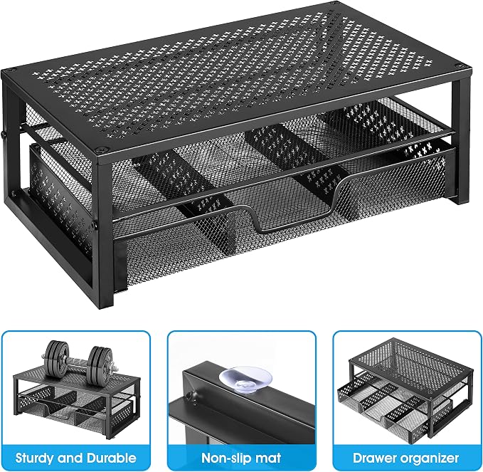 Simple Trending Metal Monitor Stand Riser and Computer Desk Organizer with Drawer for Laptop, Computer, iMac, Black | 16"W x 10"D x 6.25"H. Sturdy Metal Frame. 2-tier + drawer. Holds 66 lbs. Anti-slip. Fits laptop, monitor, iMac. Easy assembly - Image 6