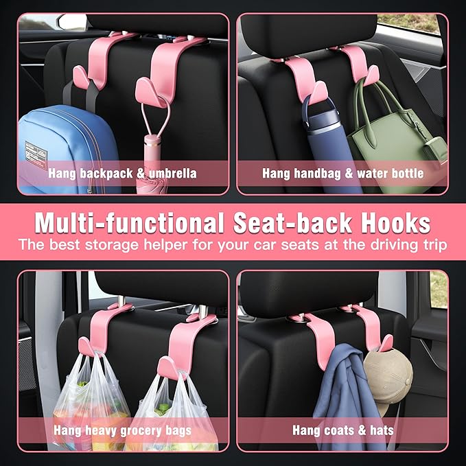 Amooca 4-Pack Car Headrest Hooks –Holds 55lbs Vehicle Storage Organizer Hanger for Purses Handbags Groceries Backpack Coats 360° Rotating Pink - Image 3