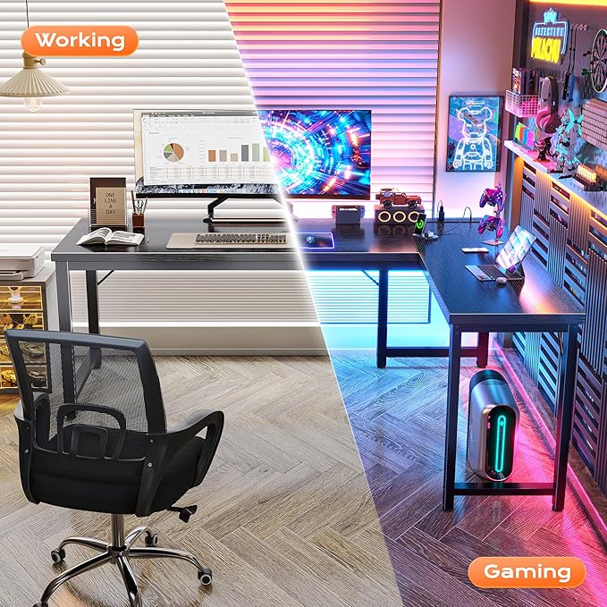 Huuger 63 Inch L Shaped Desk with Power Outlets and USB-C Port, Reversible Computer Desk, Larger Office Corner Gaming Desk, 0.95 Inch Thicker Desktop, Metal Frame, for Home Office, Study, Black - Image 6