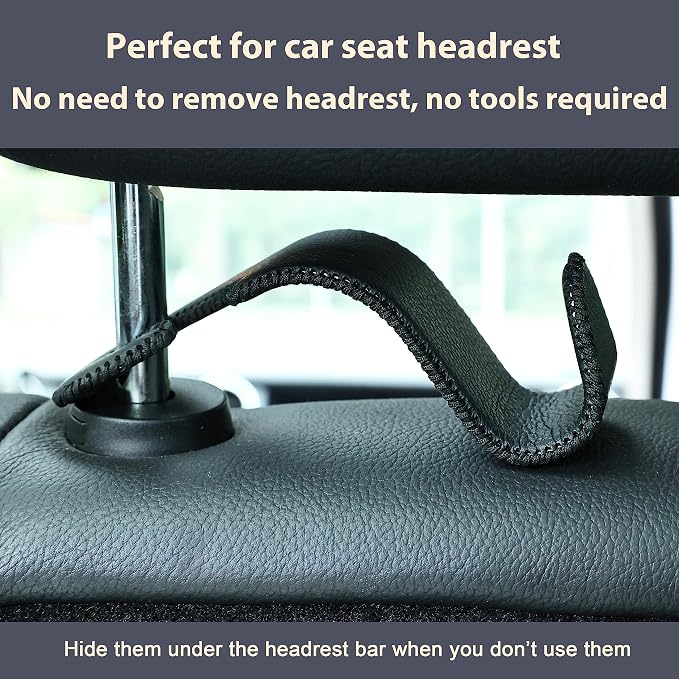 Amooca Car Seat Headrest Hook 4 Pack Metal Core Hanger Universal Car Storage Organizer for Handbag Purse Coat S Type Leather Black - Image 6