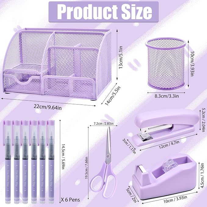 Purple Desk Accessories, 26Pcs Office Supplies and Desk Organizers, with Tape Dispenser, Stapler, Staple Remover Ect, Gift Box Packaging - Image 6