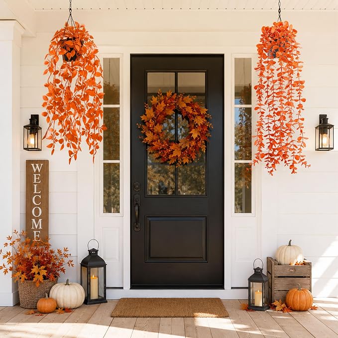 Der Rose 2Pcs Fake Fall Hanging Plants for Home Bathroom Wall Outdoor | Orange artificial hanging plants for autumn decor accents, fall bathroom and kitchen decor, porch, patio and covered decor - Image 3
