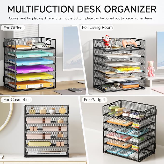 6 Tray Paper Organizer Letter Tray with Handle - Mesh Desk File Organizer, Paper Sorter Organizer for Office, Home or School File Folder Holder -Black - Image 5