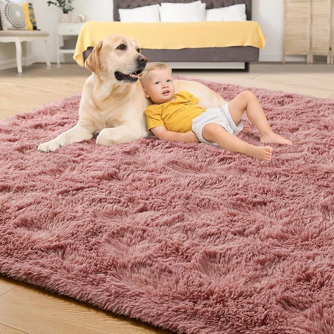 Tepook Blush Pink Area Rugs for Living Room Girls Bedroom, 9x12 Fluffy Shaggy Dusty Pink Rug for Kids Room Playroom, Plush Shag Non-Slip Carpet for Nursery Dorm Classroom, Cute Rose Beige Rug - Image 4