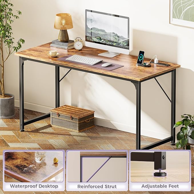 PRAISUN 55 X 20 Inch Computer Desk, Power Outlets, USB-C, Rustic Brown | Office Desk with 4 AC Outlets, USB & USB-C, Sturdy Metal Frame, Spacious Desktop for Work, Writing, Study & Gaming - Image 8