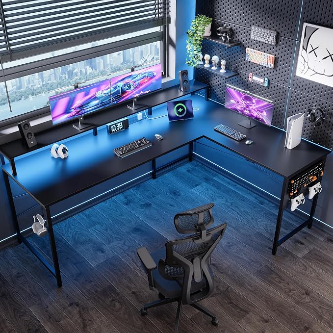 Pamray 64 Inch L Shaped Gaming Desk with Monitor Stand and Power Outlets | Large Corner Computer Desk With Pegboard & Led Lights USB Charging Ports for Home Office Study and Writing Bedroom and Dorms - Image 2