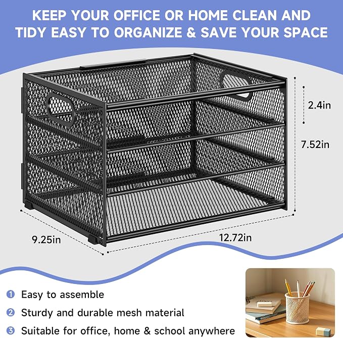 Subekyu Paper Letter Tray Organizer for Desk, Black Metal Mesh Desk File Sorter Organizer with Handle and 2 Sliding Trays for Home Office School Supplies Organization - Image 6