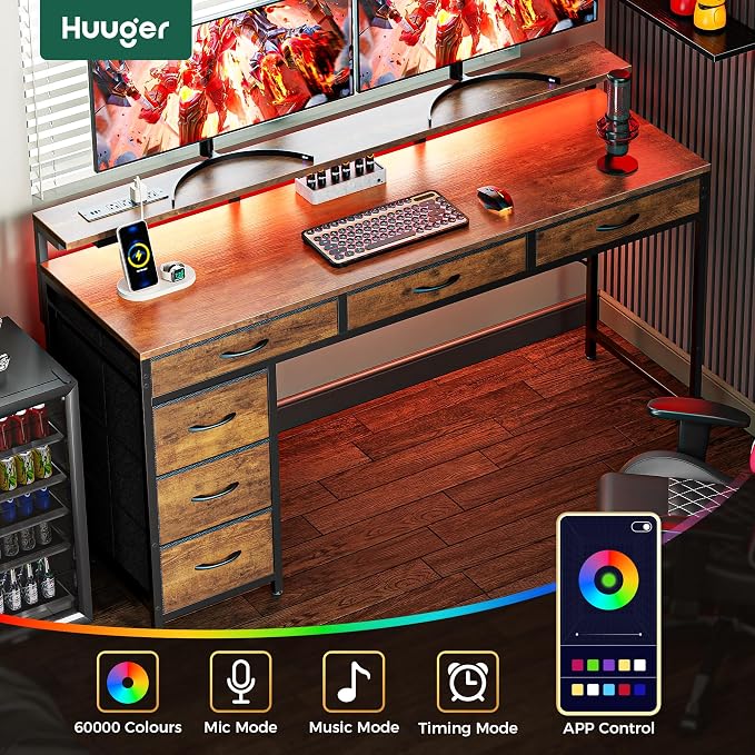 Huuger Gaming Desk with 6 Drawers, Computer Desk with LED Lights Power Outlets and Type-C, 55 Inch Office Desk with Storage, Monitor Stand, Writing Desk for Home Office, Rustic Brown, 1CD102F - Image 4