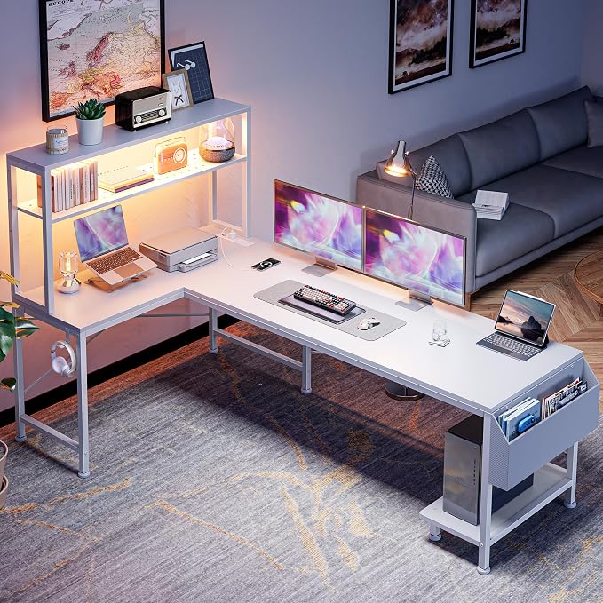 PRAISUN L Shaped Gaming Desk with LED Lights & Power Outlets, Reversible Computer Desk with Storage Shelves & Bag, Large Corner Home Office Desk with Pegboard for Work from Home, White - Image 7