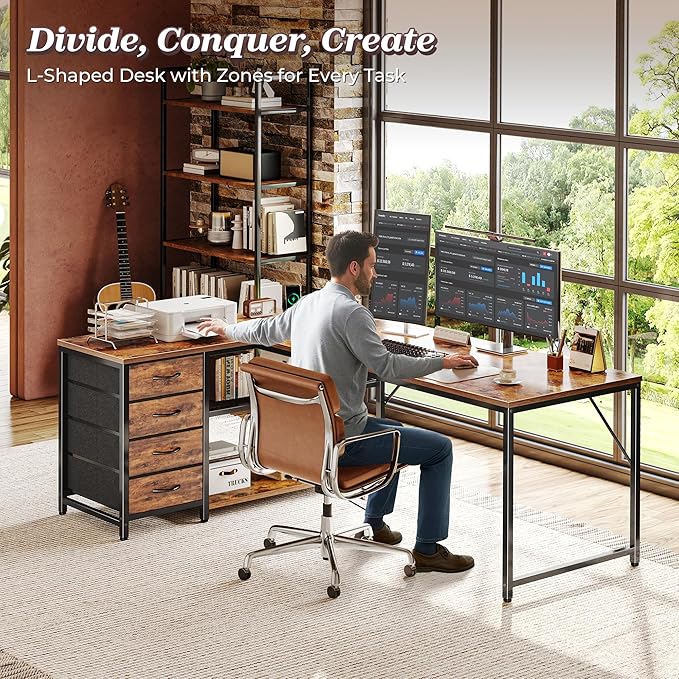 PRAISUN 61" L Shaped Desk with Power Outlets & USB-C Port, Reversible Computer Corner Office Desk with 4 Fabric Drawers and 2 Storage Shelves, Large Desk for Gaming Writing Study, Rustic Brown - Image 2
