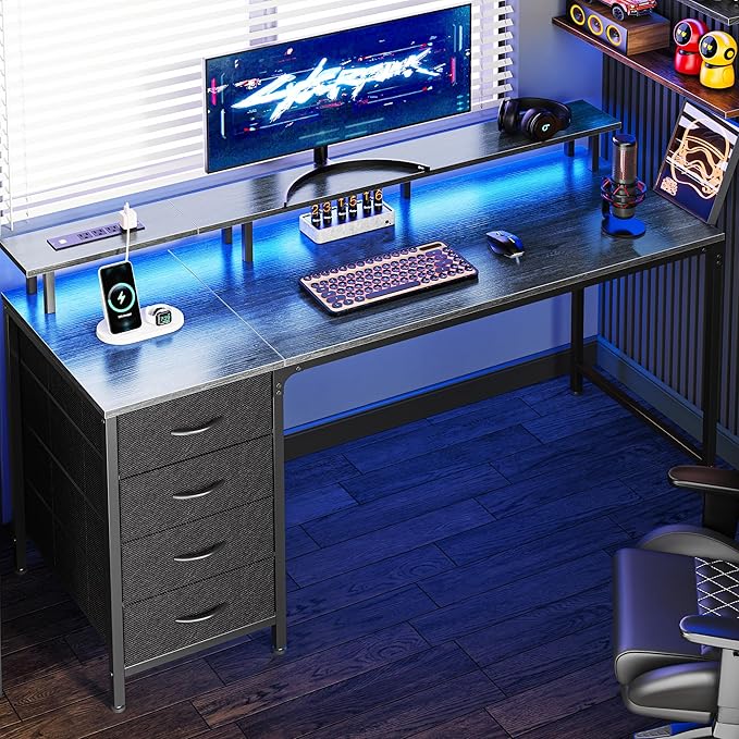 Huuger 55 Inch Computer Desk with Power Outlets and LED Lights, Gaming Desk with 4 Drawers, Office Desk with Monitor Stand, Study Work, Home Office, Gray by Huuger