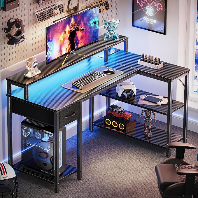SUPERJARE 47 inch L Shaped Gaming Desk with LED Lights & Power Outlets, Reversible Computer Desk with Shelves & Monitor Stand, Corner Desk with Drawer, for Home & Office, Carbon Fiber Black - Image 2