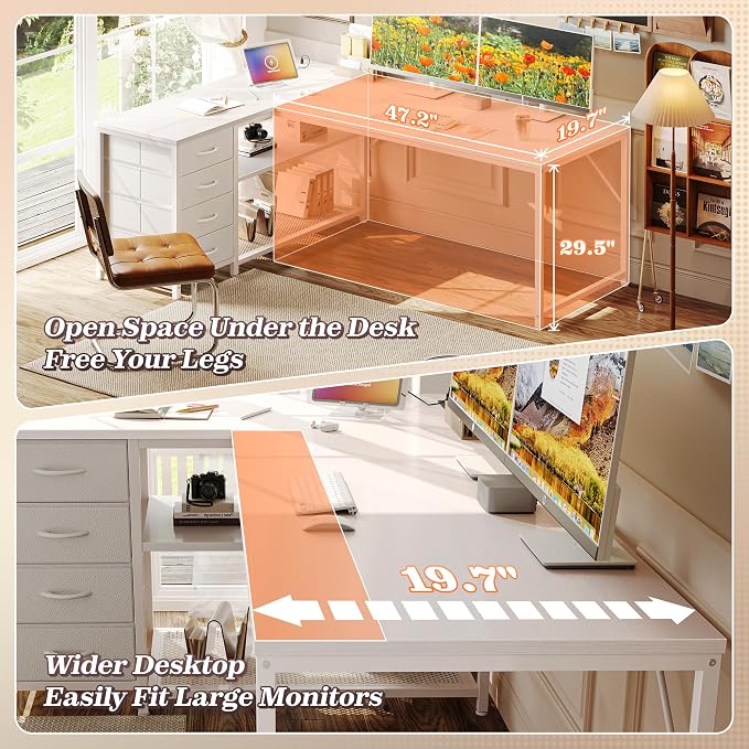 PRAISUN 61" L Shaped Desk with Power Outlets & USB-C Port, Reversible Computer Corner Office Desk with 4 Fabric Drawers and 2 Storage Shelves, Large Desk for Gaming Writing Study, White - Image 5